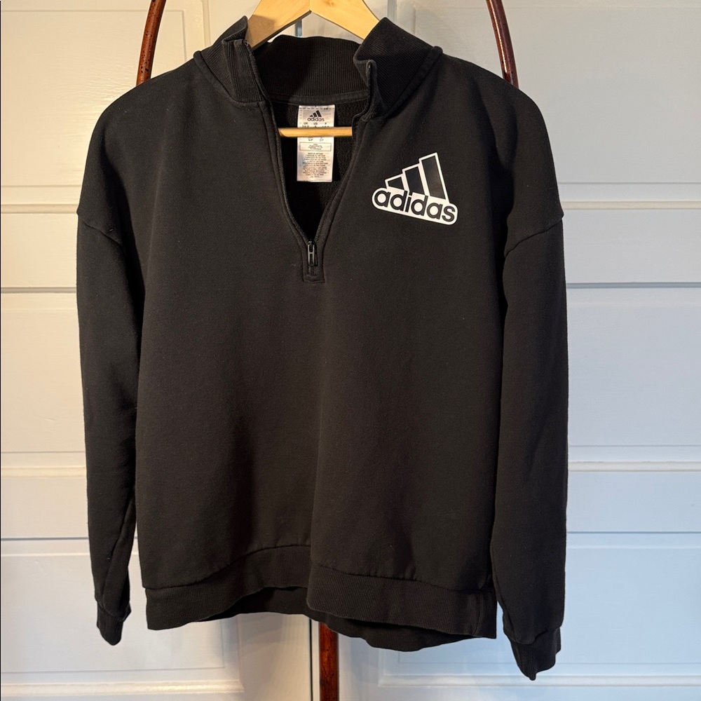 Adidas Quarter Zip Sweatshirt Black Athletic Pullover Logo Small